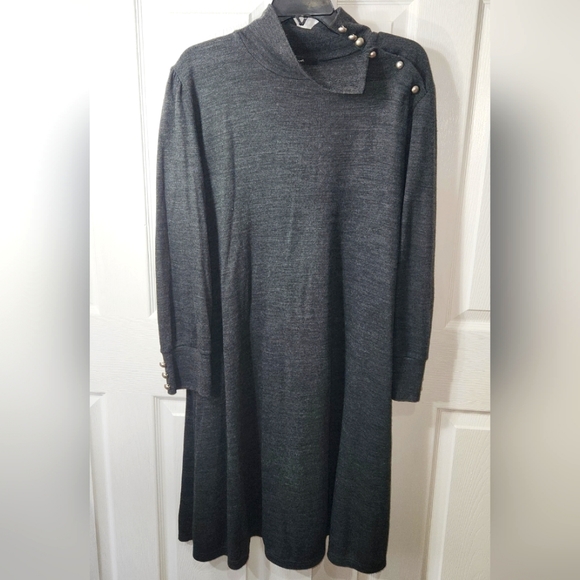 LENNIE FOR NINA LEONARD KNIT DRESS SIZE L DARK GREY TURTLE NECK BUTTONS EMBELLIS - Picture 3 of 12